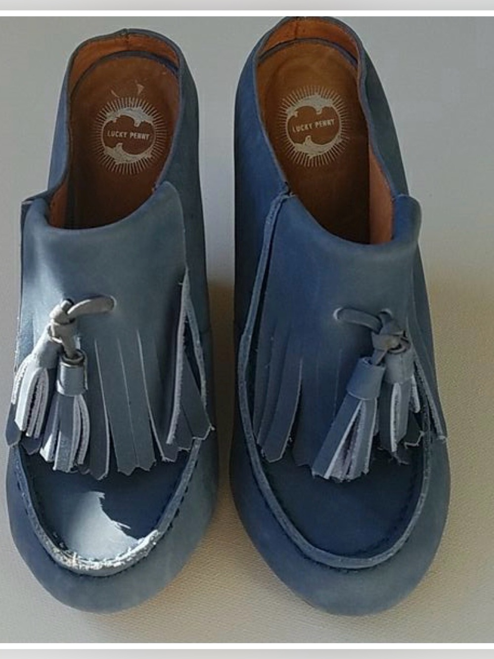 LUCKY PENNY Anthropologie Towering Tassel Suede Wedge Mules Blue Sz 7